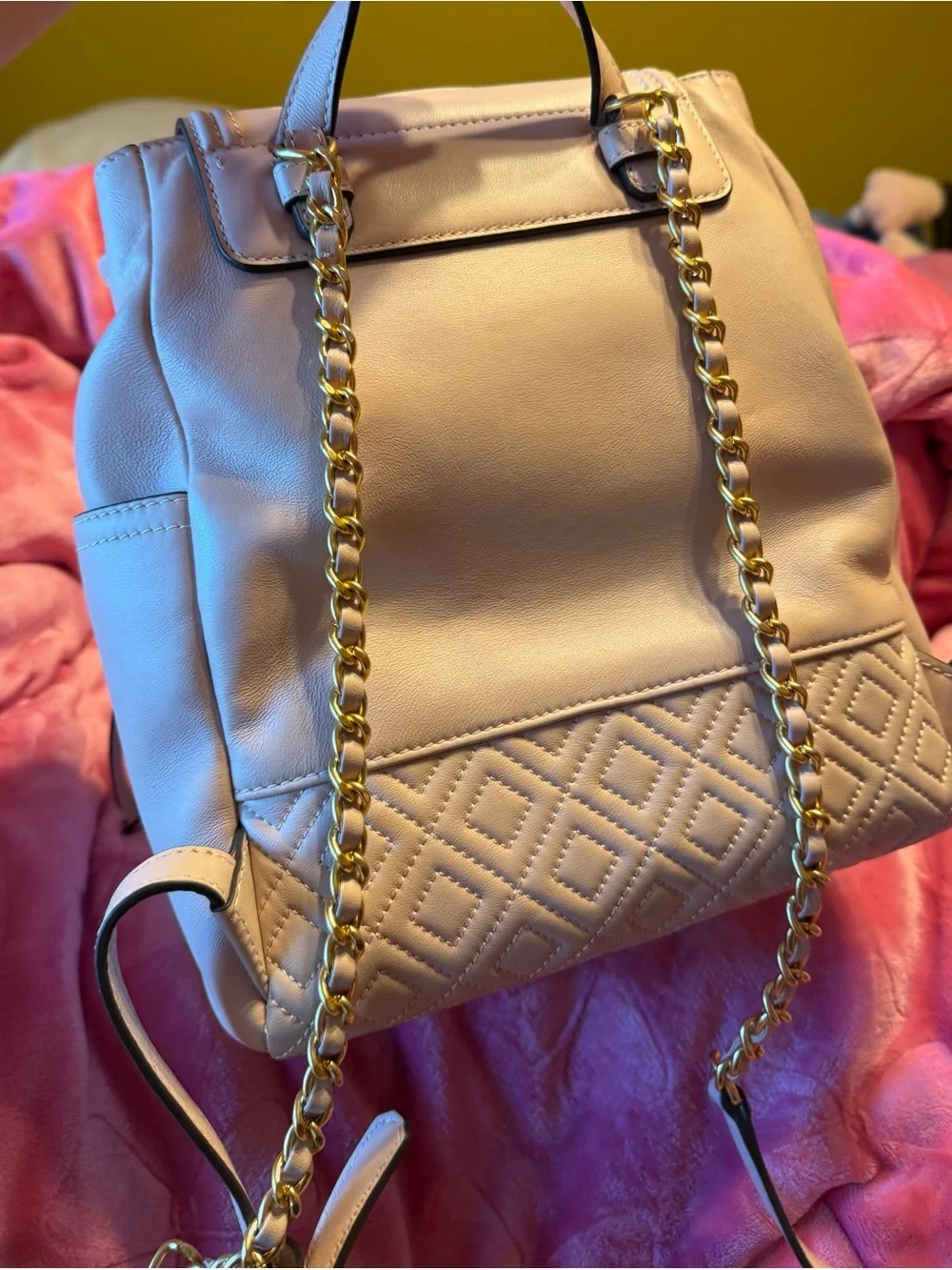 Tory Burch Cream Quilted Tassel Leather Backpack with Gold Chain